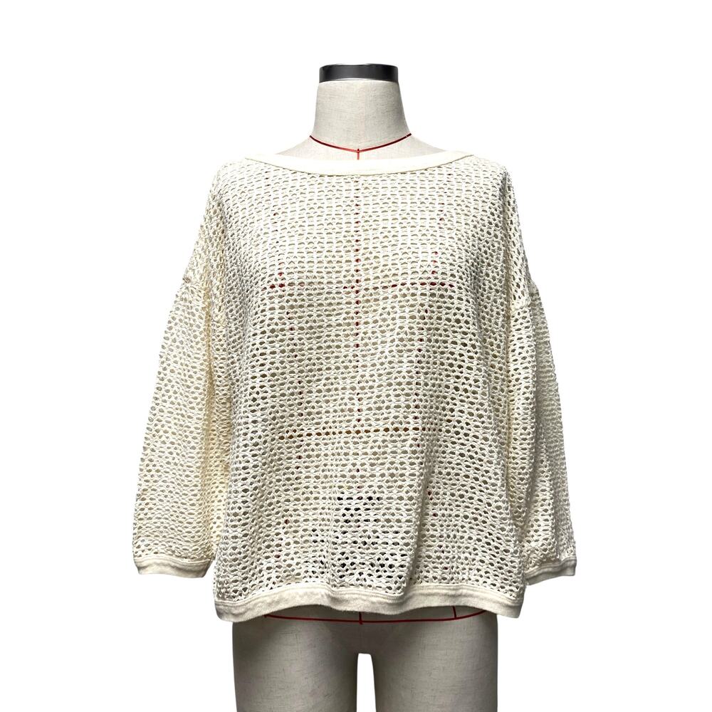 Vintage 1010 Petites Womens Size L Cream Mesh Knit Sheer Pullover Sweater
